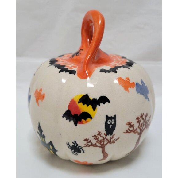 Hand-Painted Halloween Pumpkin Table Decor With Spiders Bats Owls Cats By Kalich - Picture 2 of 6